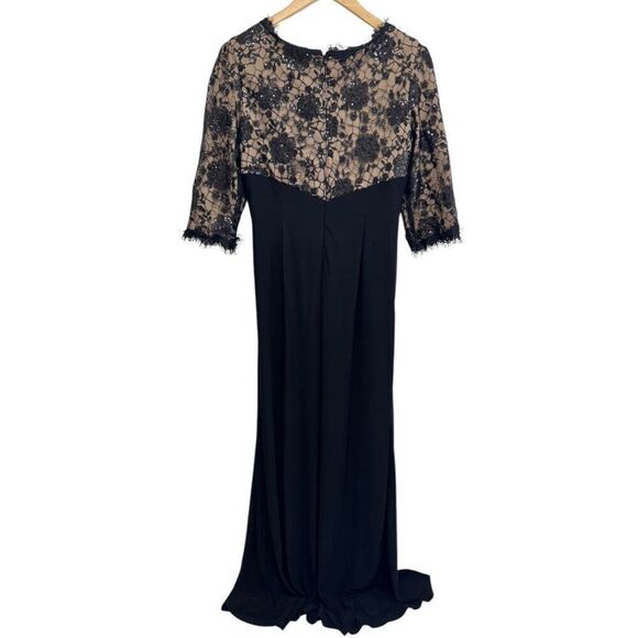 R&M Richards Gown Size 10 Black Beige Lace 3/4 Sleeve Maxi Front Slit Sequined - Picture 3 of 8